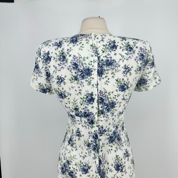 Vintage Benson Smith Midi Dress Sz 11/12 Floral Fitted Romantic Derby White Blue - Picture 8 of 16